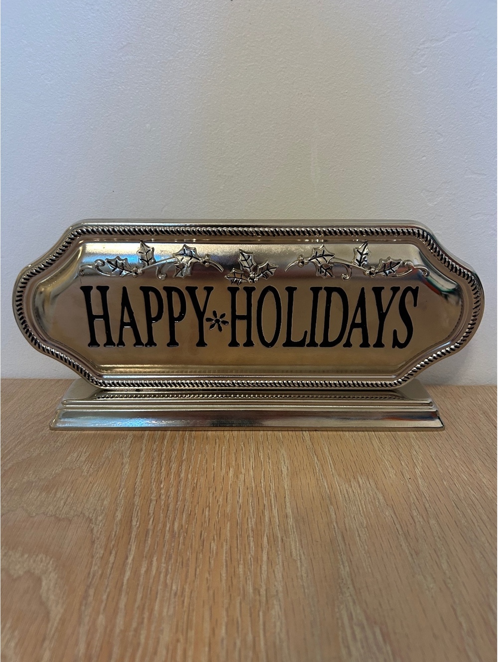 Happy Holidays Silver Tone Tabletop Sign 12x6 Holly Christmas Mantel Decor